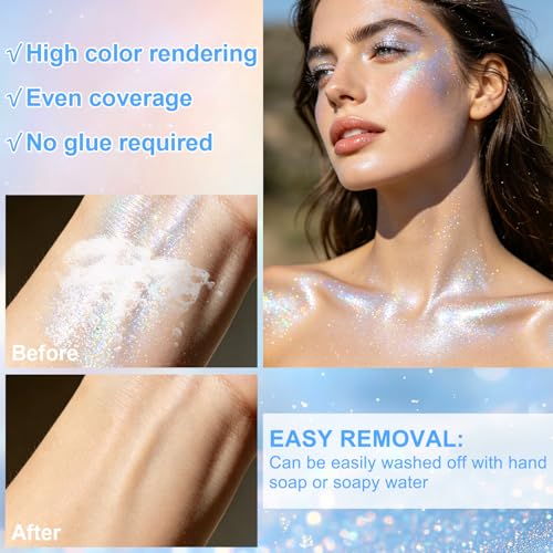 2PCS Rainbow Holographic Roll-On Body & Hair Glitter Gel for Face & Festivals