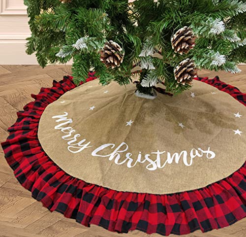 AISENO 48 Inch Christmas Tree Skirt Linen Burlap Buffalo Plaid Edge Decoration for Merry Christmas Party Red and Black Buffalo Christmas Tree Skirt Decorations