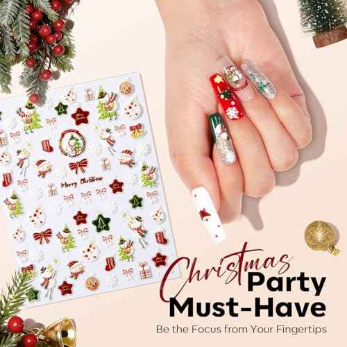 modelones Christmas Nail Stickers 3D Self-Adhesive nail decals Christmas Tree, Snowflakes, Santa Claus, Reindeer & Snowman, Winter Holiday Christmas DIY Nail Stickers for Women & Kids 5Pcs