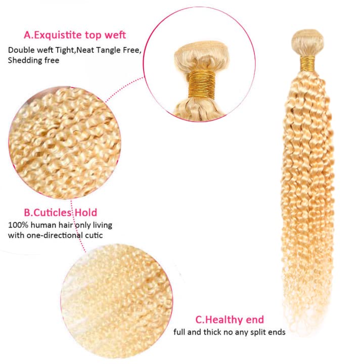 613 Blonde Kinky Curly Human Hair Bundles - 3 Pack, 22-26 Inch