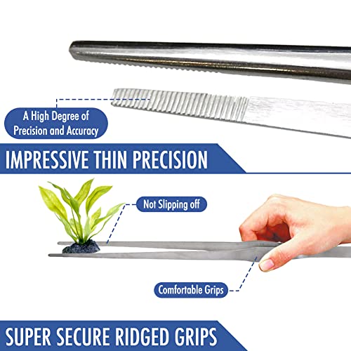 Comfecto 15 Inch Extra Long Tweezers Stainless Steel Straight Serrated Tip, Non Slip Reptile Feeding Tweezer Tongs Tool for Aquarium Aquascaping Cooking