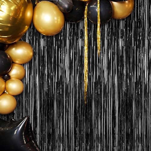 ZATAYE 2 Pack Black Foil Curtain Backdrop 3.28 x 7.05 ft - Fringed Party Curtains
