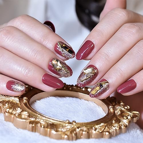 ELEVENAIL Shiny Glitter Press On Nails with 3D Diamond Glossy Brownish Red Christmas Nail Art Tips Medium Length Oval False Acrylic Salon Women Girls Manicure Reusable Fake Nails Gifts for Women Girls