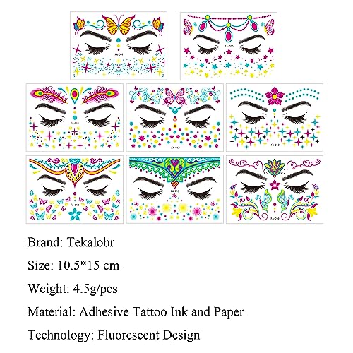 Glow in The Dark UV Temporary Tattoos, 8 Sheet Neon Face Stickers