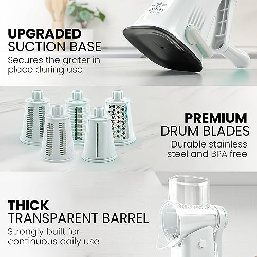 Zulay Rotary Cheese Grater 5 Blade Cheese Shredder - Manual Hand Crank Cheese Grater With Reinforced Suction & 5 Interchangeable Drums - Easy to Use Vegetable Chopper - Brilliant White