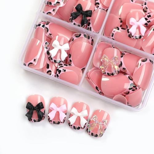 Pink French Tip Press-On Nails Set - 96Pcs Short Square with Bow