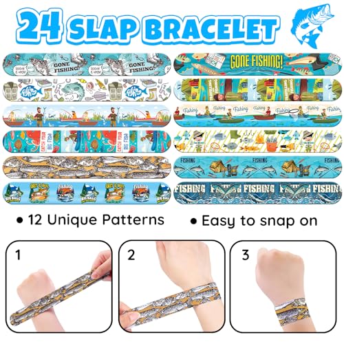 96 PCS Fishing Party Favors Set ? 72 Pre-Cut Temporary Tattoos & 24 Slap Bracelets for Kids, Perfect for Outdoor Birthday Parties, Camping Adventures & Classroom Rewards
