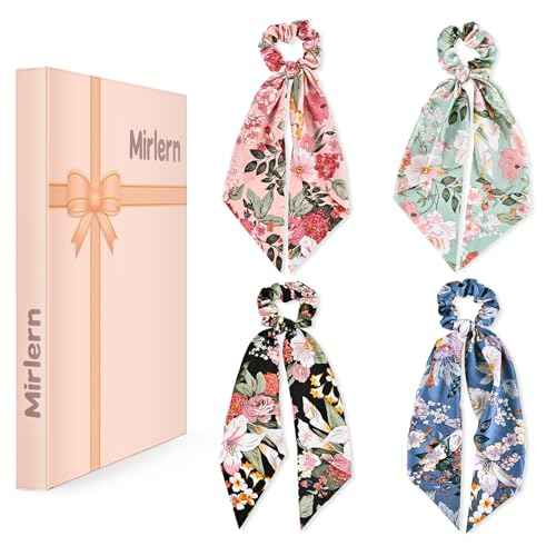 4-Piece Satin Hair Scarf Scrunchies for Women Girls, No Damage Cute Hair Ties with Bow Ribbons Ponytail Holders Elastic Rubber Bands (Lily)