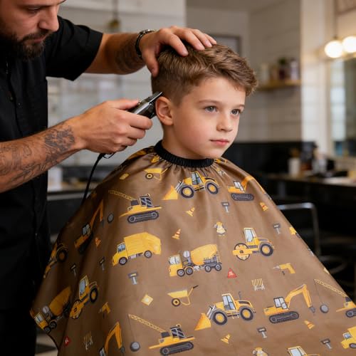 Gealaek Construction Site Kid Cape 55x40in with Neck Duster Brush Set (Brown) – For Boys & Girls
