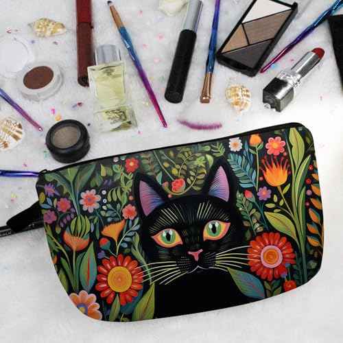 Black Cat Makeup Bag Mexican Folk Art Painting Small Organizer Zipper Pouch Floral Black Cat Kitten Print Cosmetic Bag Present for Women Friends