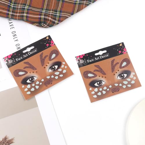 Deer Face Stickers Christmas Face Tattoo for Women Men with Rhinestone Self Adhesive Glitter Stickers Cute Animal Deer Face Tattoos Eyes Body Makeup Party Cosplay Supplies 2Pcs