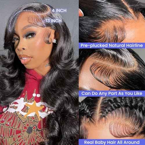 13x4 Body Wave Lace Front Wigs Human Hair Pre Plucked 180% Density HD Transparent Lace Frontal Wigs for Women, 9A, Small Bleached Knots, with Baby Hair, 18 Inch, Natural Color