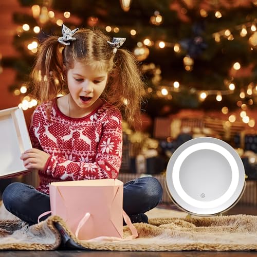 Modern LED Vanity Mirror with Touch Control, Round Gold Metal Frame, Makeup Mirror with Stand for Bathroom, Bedroom, Dressing Table
