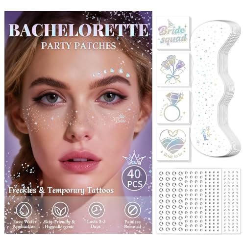 EMOME Bachelorette Party Accessories, Iridescent Glitter Freckles Face Tattoos with Face Gems, Bachelorette Party Favors Decorations Face Paint Makeup Kit for Bridal Shower, Bridesmaids, Women, Girls