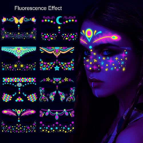 Neon UV Glow in Dark Temporary Tattoos - Waterproof Face Stickers