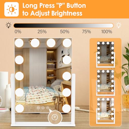 Vanity Mirror with Lights, Hollywood Lighted Makeup Mirror with 3 Color Lighting Modes and 12 Dimmable Bulbs, Detachable 5X Magnification, Smart Touch Control, 360¡ÆRotation, White