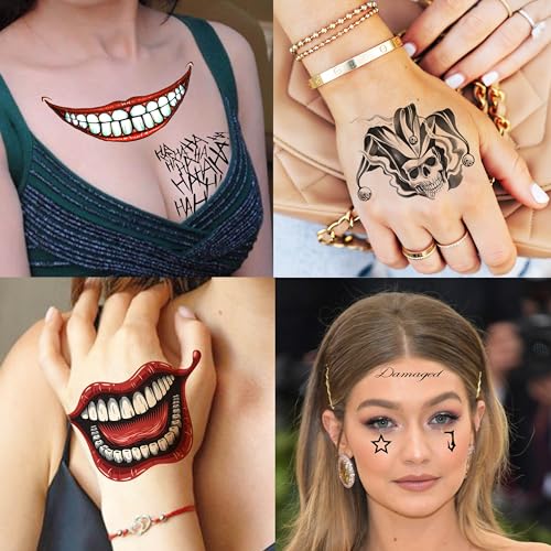 6 Sheets Joker Temporary Tattoos for Men Women Kids