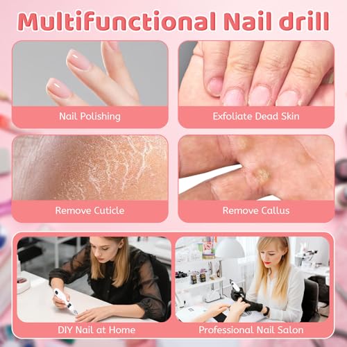 Electric Nail File,10 Speeds Cordless Nail Drill, Portable E Filer for Nails with LED Lighting, Battery Operated Rechargeable Power Nail File, Electric Nail Drill Kit for Thick Toenail Polishing