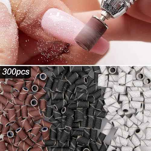 Sanding Bands for Nail Drill 300Pcs, w/ 7Pcs Nail Drill Bits, 150#180#240#Grit Nail Sanding Bands for Manicures Pedicures, Electric Nail File Bits