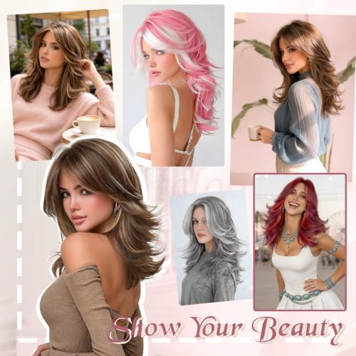 Haloo Brown Layered Wigs with Curtain Bangs & Highlights - 20 Inch Synthetic Hair for Women