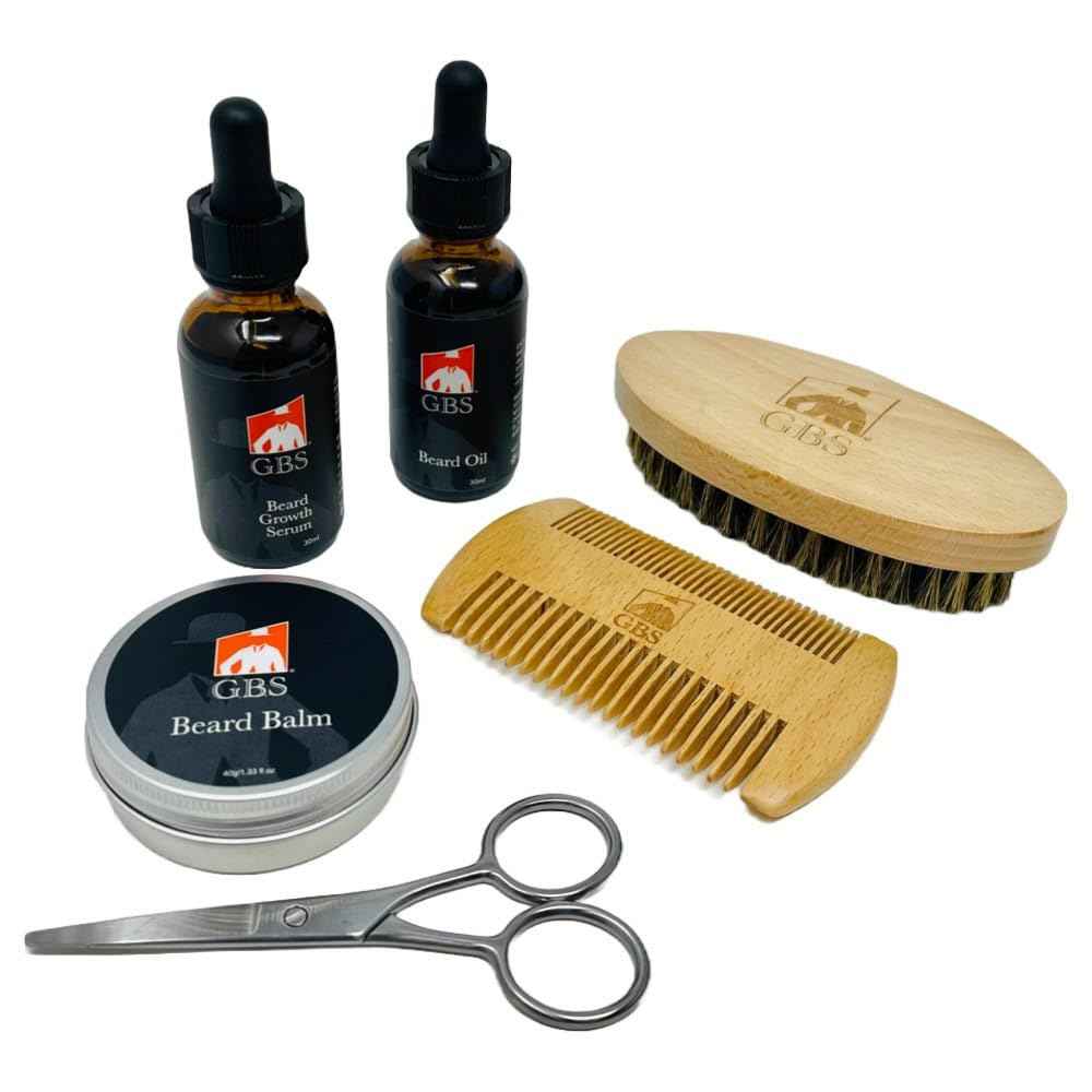 G.B.S Men's Beard Grooming Kit - Beard Oil, Growth Serum with Biotin, Balm, Brush and Comb Gift Set