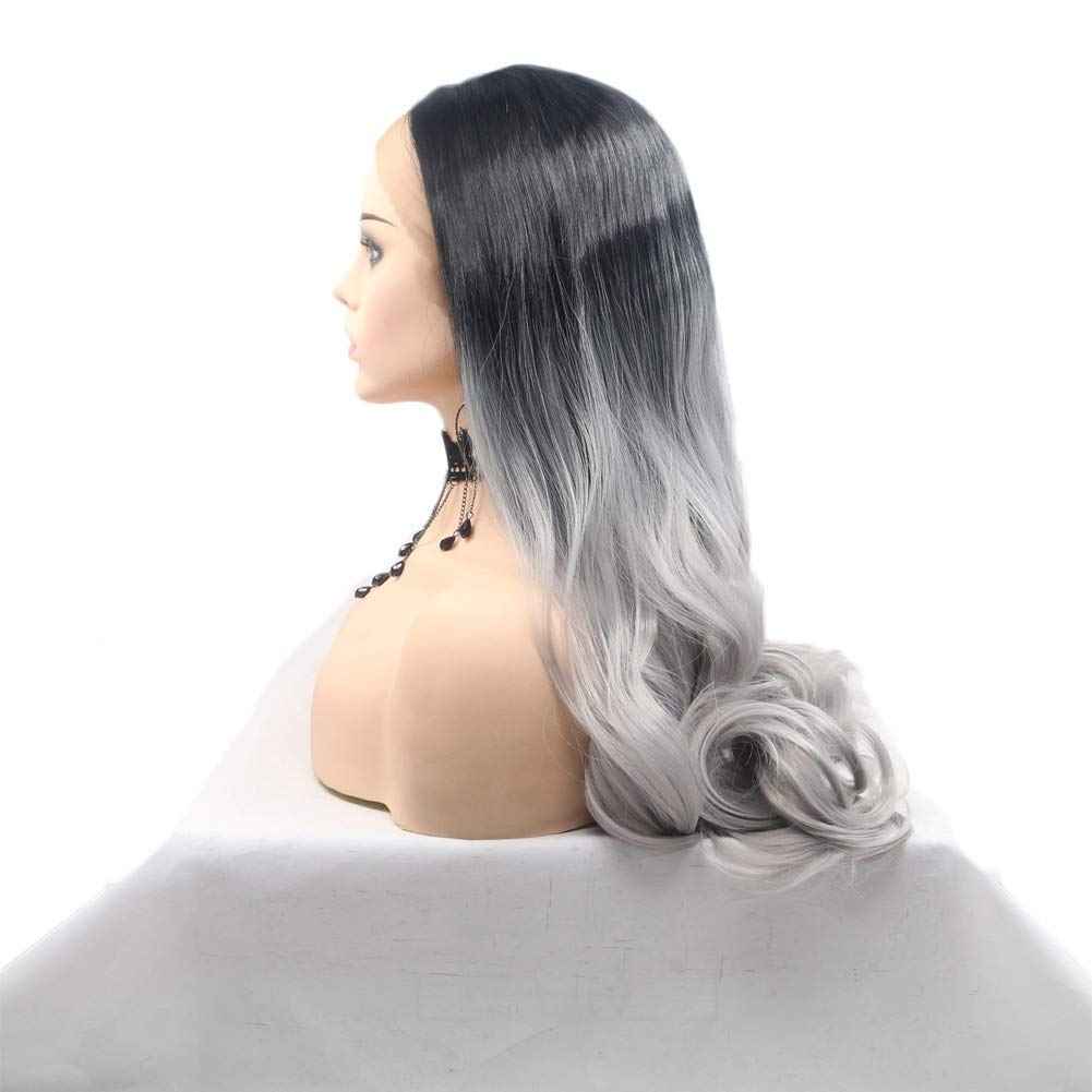 Kalisa Long Wavy Ombre Black to Grey Lace Front Wig Middle Part Body Wavy Silver Grey Synthetic Wig Heat Resistant Fiber Makeup Wig for Women 24 Inches