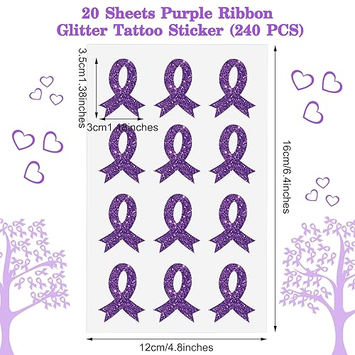20 Sheets 240 Pcs Purple Ribbon Glitter Tattoos Domestic Violence Awareness Ribbon Temporary Tattoos Lupus Overdose Alzheimers Pancreatic Cancer for Women Man Charity Public Social Event