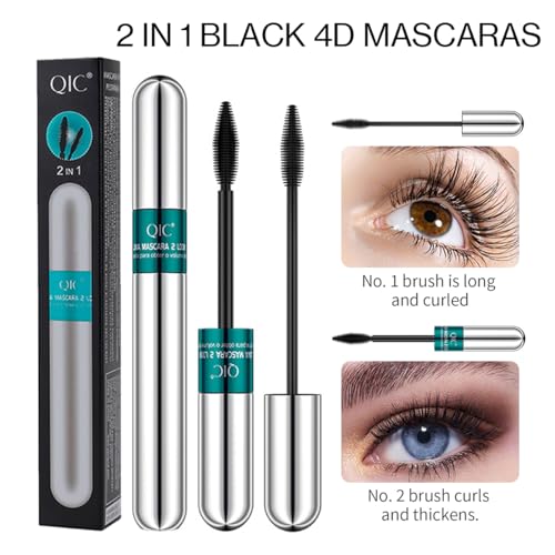 2 in 1 Double-effect 4D Curling Black Mascaras,Waterproof & Smudge Proof Lash Extensions Stereo Lengthening Mascara For Women,Quick-Not Sticky Long Lasting Charming No Clumping(2Pcs) A
