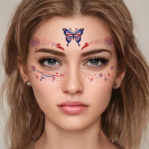 4th of July Face Tattoo Stickers for Kids Adults, 10 Sheets Independence Day Temporary Tattoo Red White Blue USA Flag Patriotic Party Supplies Fake Tattoos for Eye Makeup Face Decor