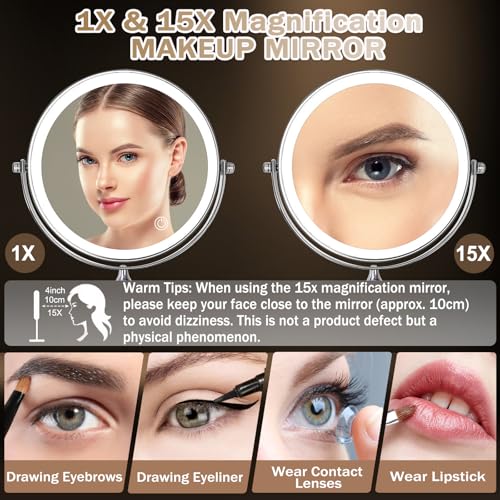 1¡¿/15¡¿ Wall Mounted LED Makeup Mirror Magnifying Makeup Mirror 3500 mAh Rechargeable, Touch Dimmable 3 Color Lights, 8¡± Double Sided 360¡Æ Rotation, Ideal for Hotel and Bathroom