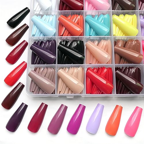 Lifextol Coffin Press on Nails Long, 576pc Colored Fake Nails Medium Length Press on Nail Coffin Full Cover Acrylic Tips Presson Artificial Fingernails Glue Tab False Nail for Women Girls Kids