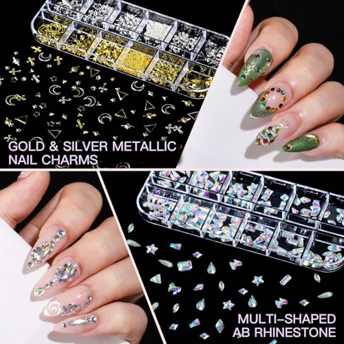 Teenitor Nail Art Kit with 3D Charms, Rhinestones & Brushes