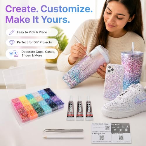 Worthofbest 17000Pcs 4mm Jelly AB Rhinestones Kit – 24 Colors + Mix Colors, 24 Grids Box, 3 B7000 Glue, Tools