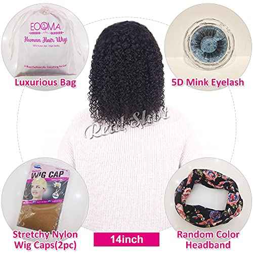 Eooma Curly Headband Wig Human Hair Wigs for Black Women (14 inch) Brazilian Curly None Lace Front Wigs Human Hair Scarf No Gel Gluelees Remy Hair Headband Wig