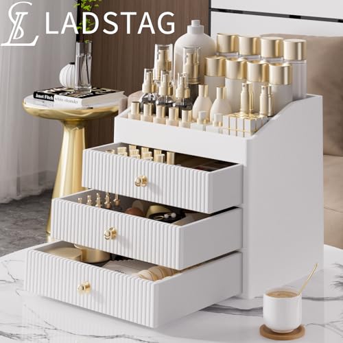 Beige Leather Vanity Organizer with 3-Tier Drawers