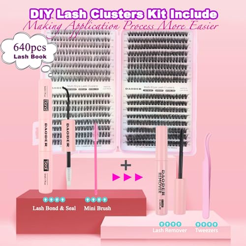 DAODER Lash Clusters Kit 640Pcs Wispy Fluff Eyelashes 9-13mm D Curl