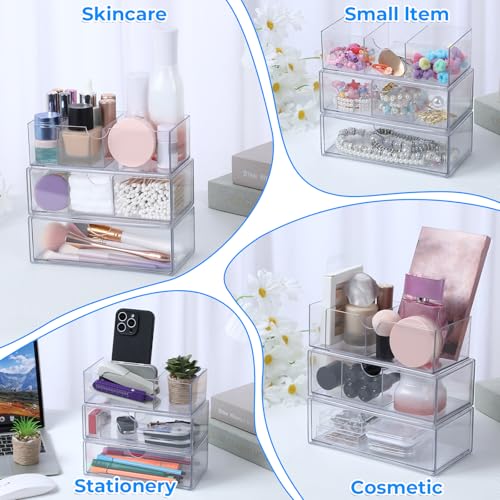 3-Tier Clear Stackable Makeup Organizer with Removable Dividers,Acrylic Medicine Cabinet Organizer and Storage for Bathroom Mirror Cabinets, Vanity, Closet, Countertop with Drawer