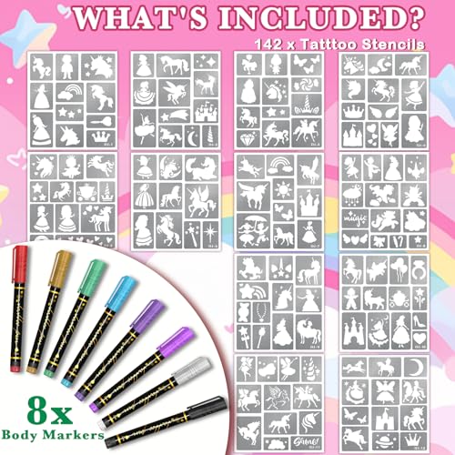 Temporary Tattoo Markers + 142 Stencils for Kids
