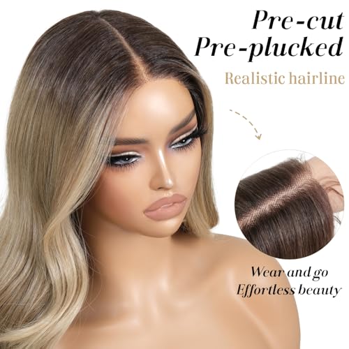 Ombre Blonde Wear and Go Glueless Wig with Bangs Pre Plucked Body Wave Synthetic Lace Front Wigs for Women 13x5x1 Pre Cut Lace Dirty Blonde Wig Middle Part 26 Inch