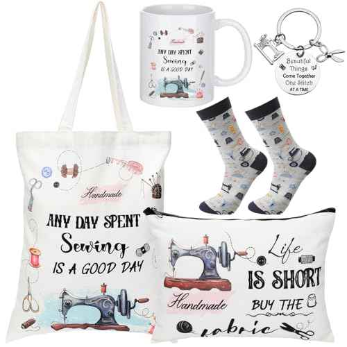 Abbylike 5 Pcs Sewing Gifts for Seamstress Women Gifts Canvas Bag Cosmetic Bag Quilting Coffee Mug Socks 11 oz Cup Quilter Keychain Funny Presents for Mom Quilters Sewing Lovers(White,Classic)