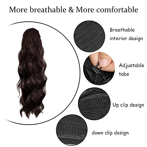 KETHBE 24 Inch Long Body Wave Ponytail hair Extension Synthetic Heat Resistant Wrap Around Drawstring Curly Wavy Ponytail Hairpieces for Women (4#)