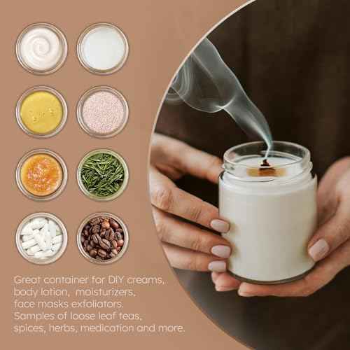 Small Glass Containers with Lids, 8 oz Glass Jars with Plastic Woodgrain Lids & Inner Liners, Reusable Travel Containers for Creams, Makeup, Lotion, Cosmetic - 2 pack