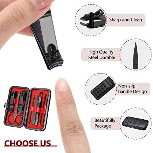 Hanaive 6 Set Manicure Set 48Pcs Nail Clippers Pedicure Kit 8 in 1 Stainless Steel Grooming Kit Professional Nail Care Tools with Luxurious Travel Case for Men Women Gift(Black, Red)