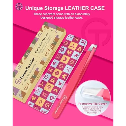 Expert Eyebrow Hair Removal Tweezer with Leather Case, GlamTweeler High Precision Slant Tip Stainless Steel Tweezers for Men and Women (Hot Pink)