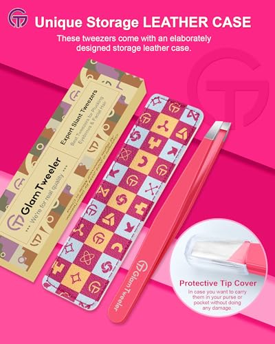 GlamTweeler Precision Slant Tip Eyebrow Tweezers with Leather Case - Hot Pink