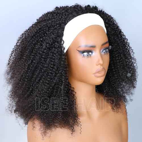 ISEE Half Wig Afro Curly 3 In 1 Half Wig Glueless Wigs Human Hair Seamless Kinky Curly Flip Over Beginner Friendly Wear & Go Drawstring Band Clip in Human Hair Black Color 20 Inch