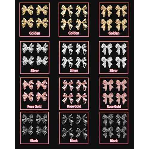 120 Pcs Alloy Bow Nail Charms and Gems, Silver Gold Black Bowknot Metal Nail Art Charms, Shiny Luxury Cute Bow Nail Jewelry for Nails Design Manicure Accessories