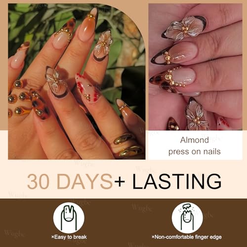 Press On Nails Medium Almond Leopard Gold Flower 24pcs