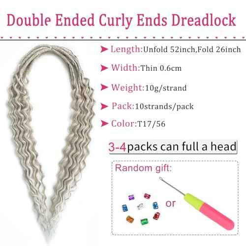 Curly Dreads with Box Braid Boho Style Dreads Synthetic Double Ended Dreadlock Extensions 26inches 10 Strands Thin Soft DE Dreadlock Extensions (T17/56)