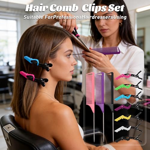 Rat Tail Comb & Hair Clips Set - 3 Teasing Combs + 7 Alligator Clips